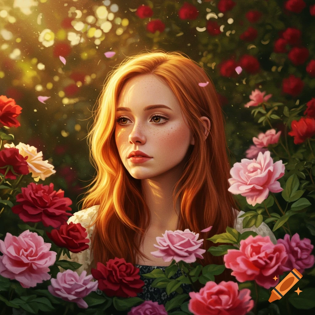 Young woman with long red hair surrounded by pink and red roses in a sunlit garden.