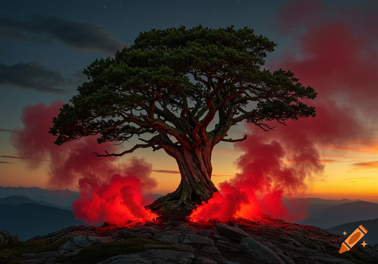 Photorealistic image of a gnarled tree on a mountain top, wreathed in vibrant red smoke at sunset.
