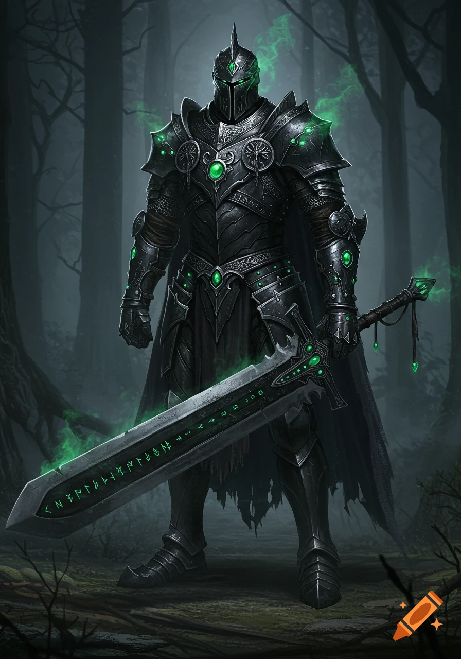 A tall knight in black armor with glowing green emeralds and a large sword with green runes stands in a dark forest.