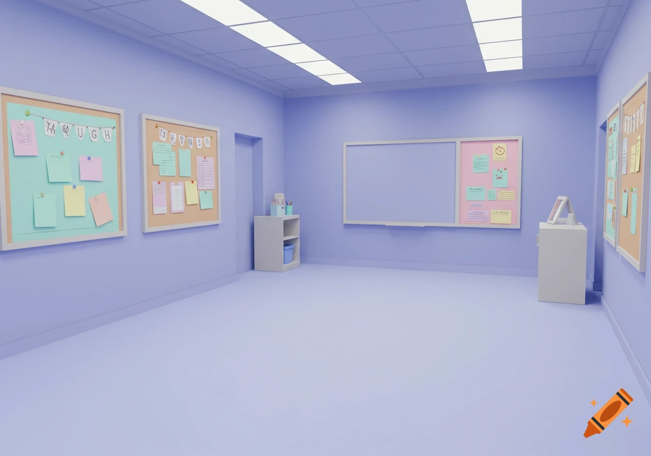 An empty classroom with lavender blue walls, white ceiling lights, and bulletin boards decorated with colorful notes.