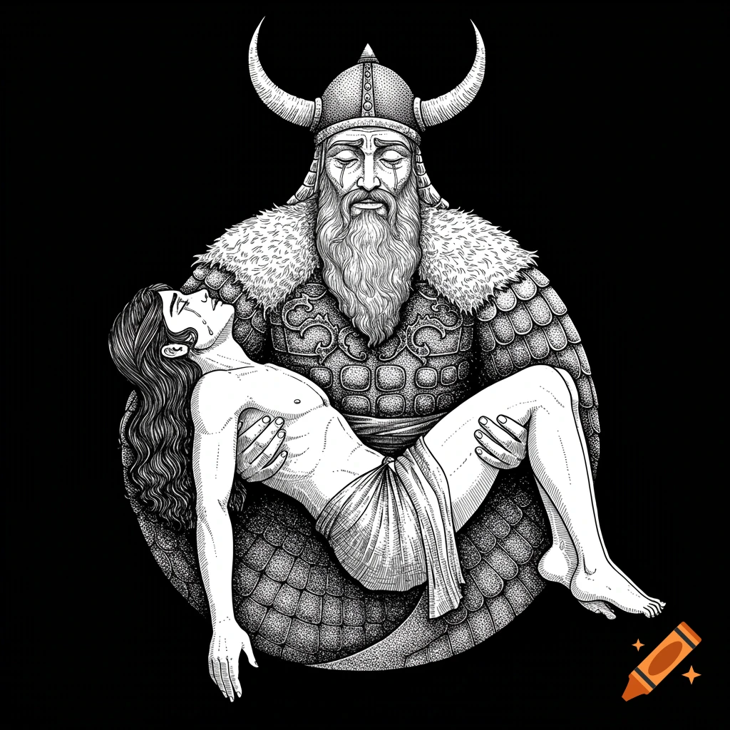 Black and white ink drawing depicting an armored, bearded man with a horned helmet cradling a younger, bare-chested man, both with expressions of sorrow, in a circular composition.