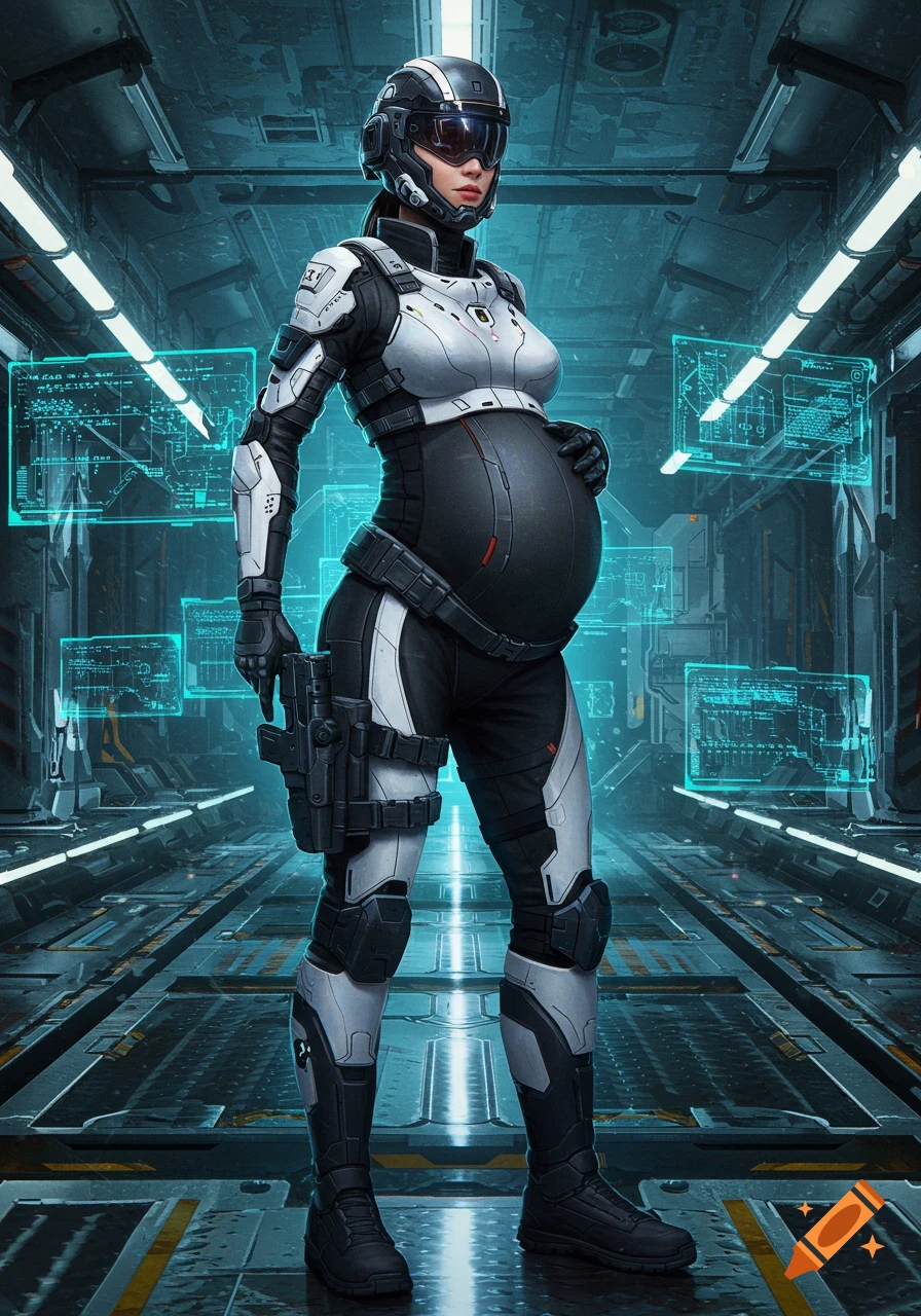 A pregnant woman in a white and black futuristic combat suit with a helmet and a gun holster, standing in a dimly lit sci-fi corridor with glowing blue screens.