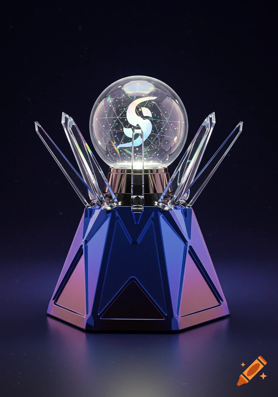 A futuristic K-pop lightstick stand with a blue geometric base, clear crystal accents, and an iridescent 'S' symbol inside a clear sphere.
