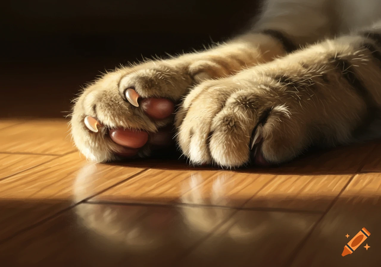 Close-up of fluffy cat paws with extended claws on a sunlit wooden floor, digital art.