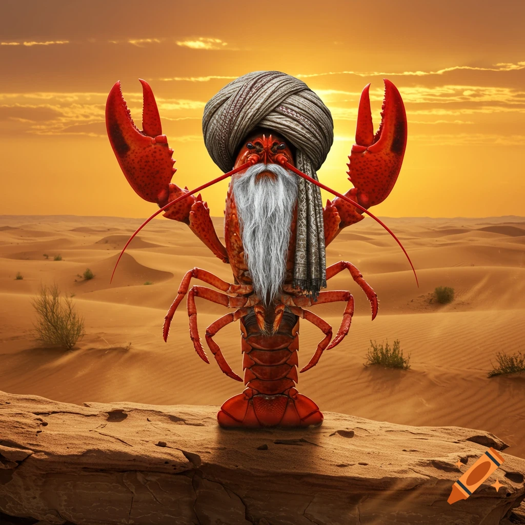 A photorealistic image of a red lobster with a grey turban and long white beard standing upright in a desert landscape at sunset.