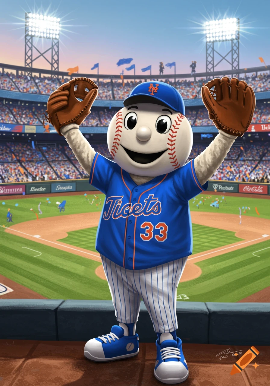 Mr. Met mascot in a blue baseball jersey with 'Ticets 33' on it, wearing a New York Mets cap and baseball mitts, standing in a baseball stadium.