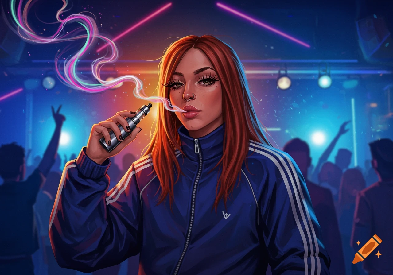 Digital art illustration of a woman with auburn hair vaping at a vibrant party with neon lights.