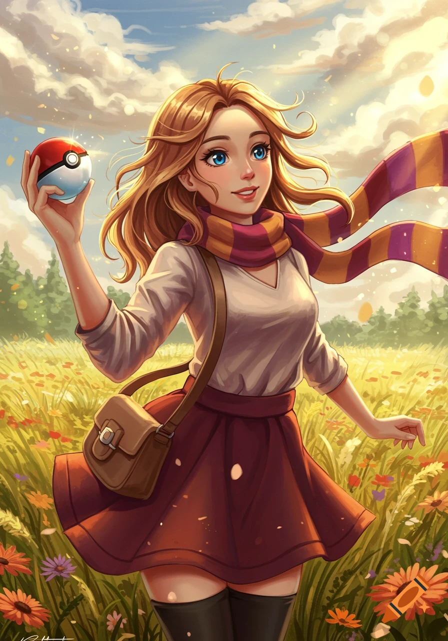 Anime illustration of a smiling girl with long blonde hair holding a Pokeball in a sunny flower field.