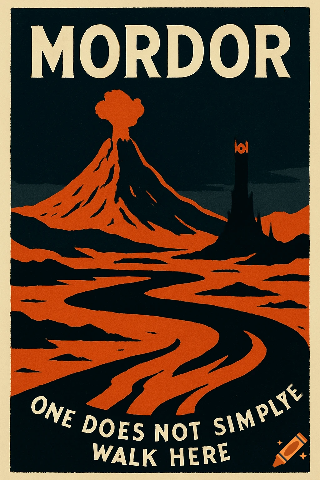 A vintage-style poster of Mordor, featuring Mount Doom, Barad-d oultower, and a lava river under a dark sky. Text 'Mordor' and 'One Does Not Simplye Walk Here'.
