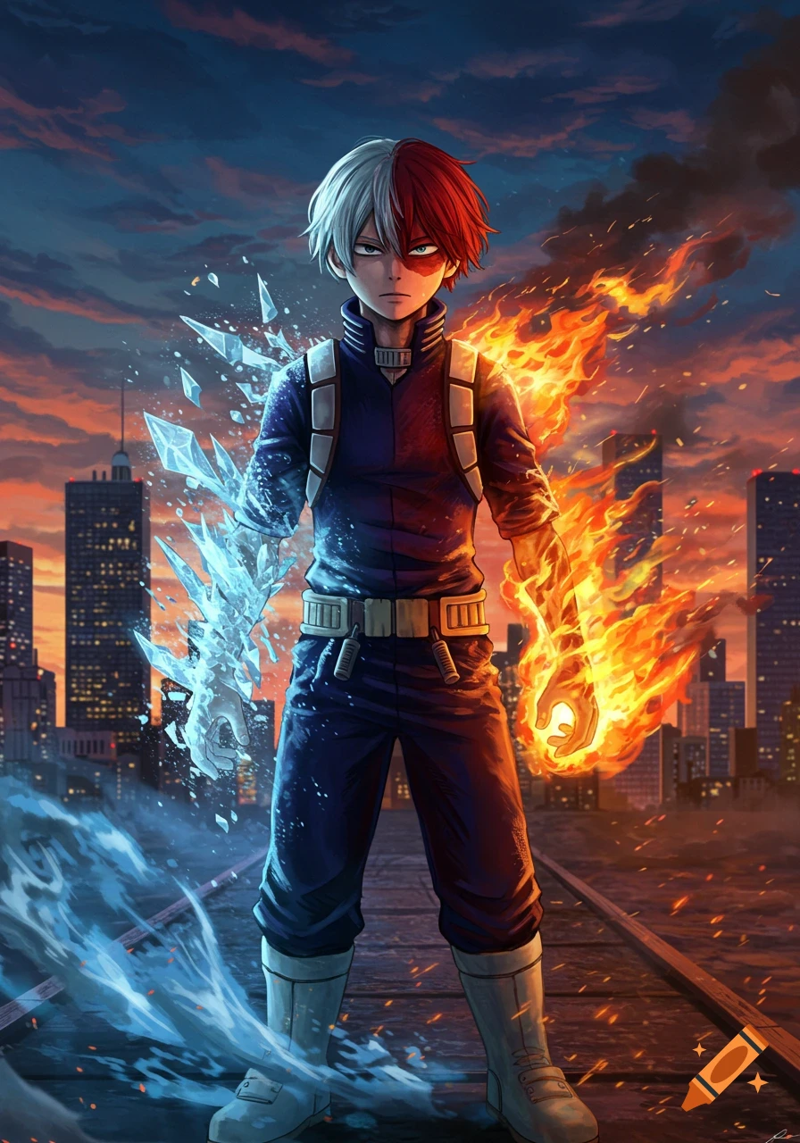 Anime art of Shoto Todoroki standing with ice and fire powers in a city at sunset.