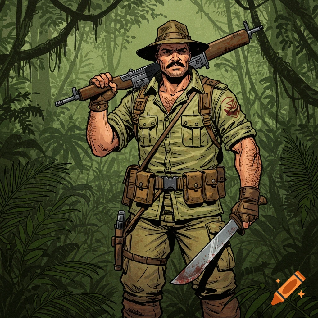A man in a jungle, holding a rifle over his shoulder and a bloody machete. Styled as comic book art.