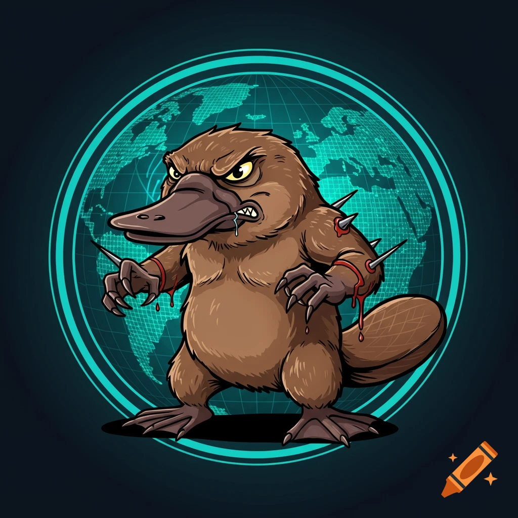 A fierce cartoon platypus with spikes on its arms dripping blood, standing in front of a blue digital globe.
