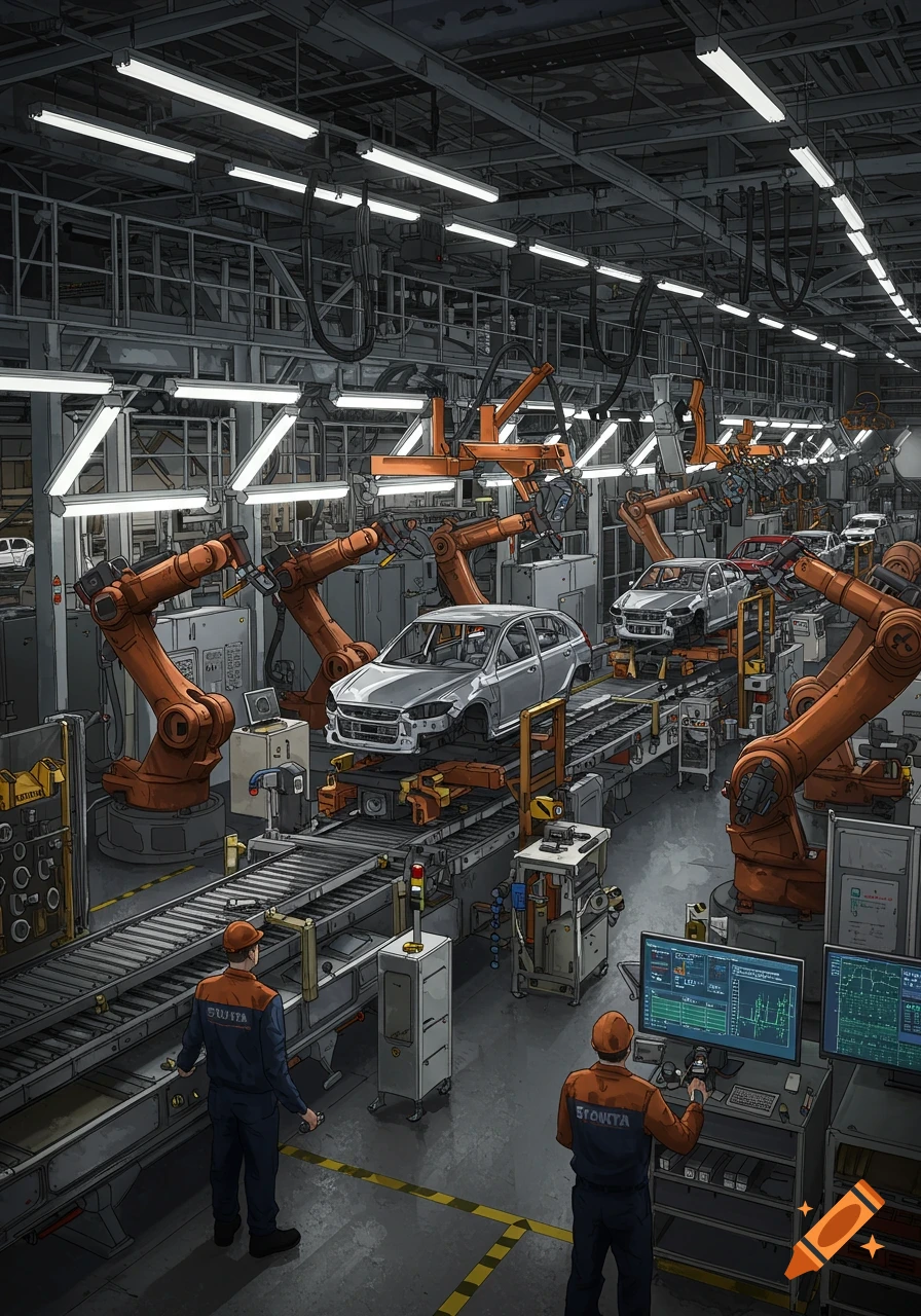An illustration of a busy car manufacturing facility with robotic arms on an assembly line and workers monitoring production.