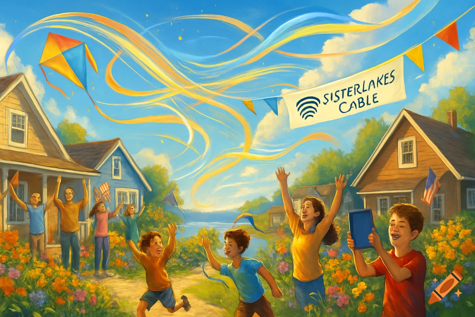 Vibrant painterly illustration of happy children and families playing outdoors on a sunny day, with a Sisterlakes Cable banner and kites in the sky.