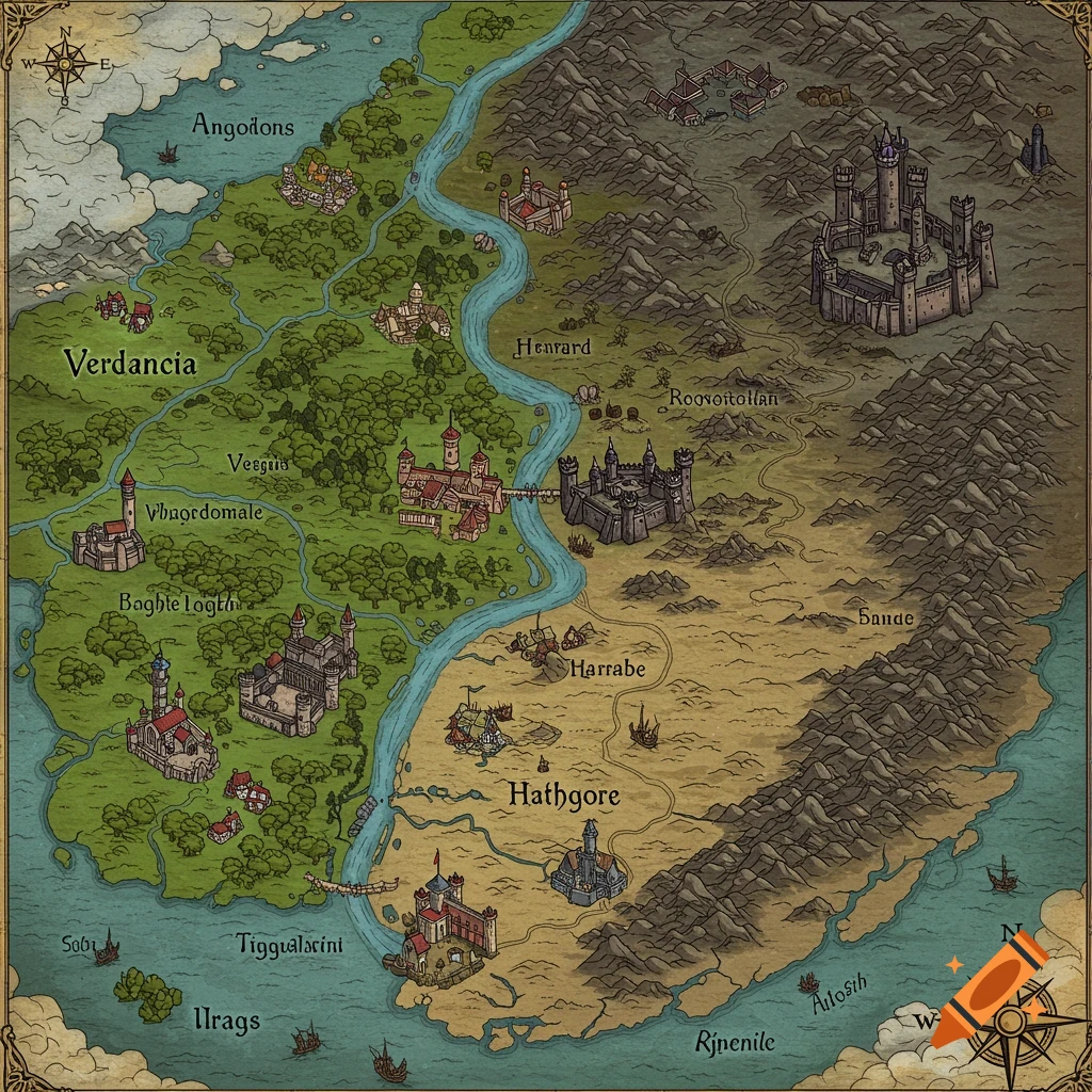 A detailed fantasy map depicting two distinct kingdoms separated by a winding river, with various castles, towns, and mountains.