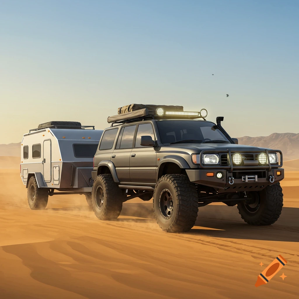 A grey off-road SUV towing a white camper trailer drives through a sandy desert.