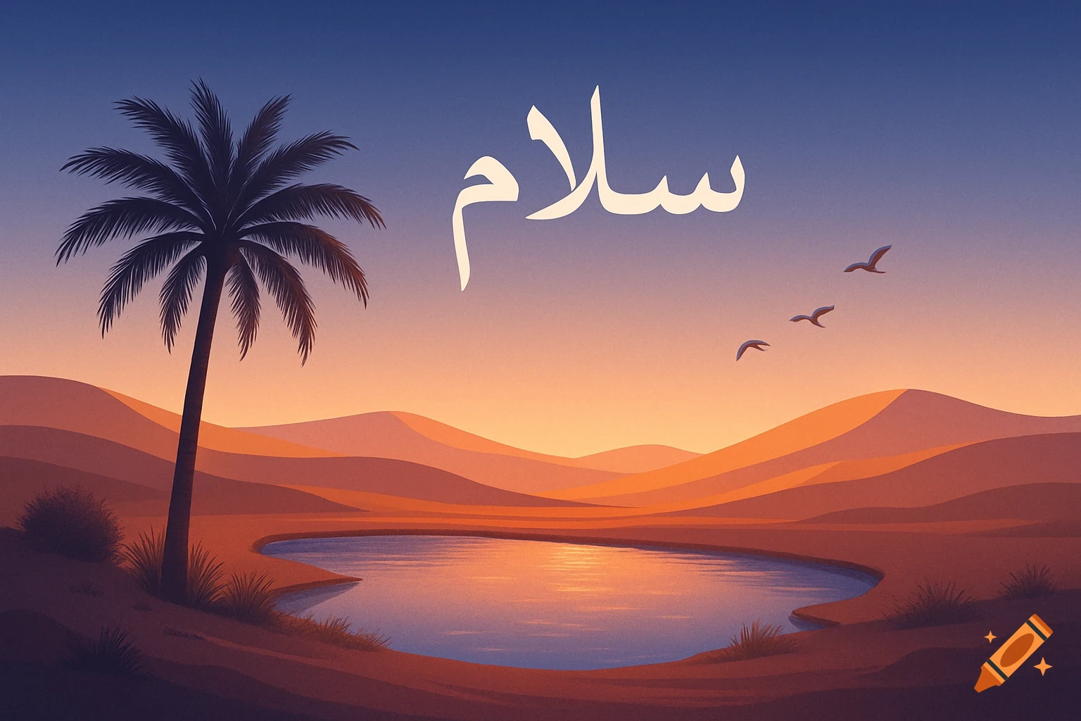 Stylized illustration of a desert oasis with a palm tree, birds, and the Arabic word 'Salam' at sunset.