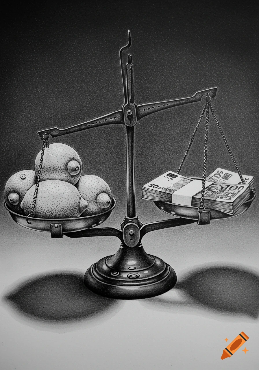 A black and white drawing depicts a balance scale with four lemons on one side and stacks of Euro banknotes on the other.