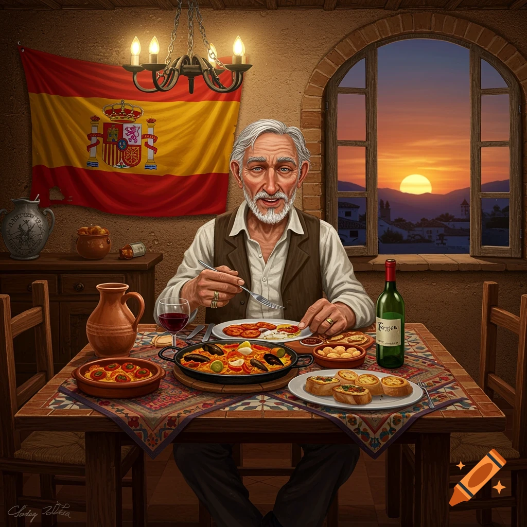 An old man with a white beard sits at a table, eating a meal of paella and other Spanish dishes, with a Spanish flag hanging behind him and a sunset seen through a window.