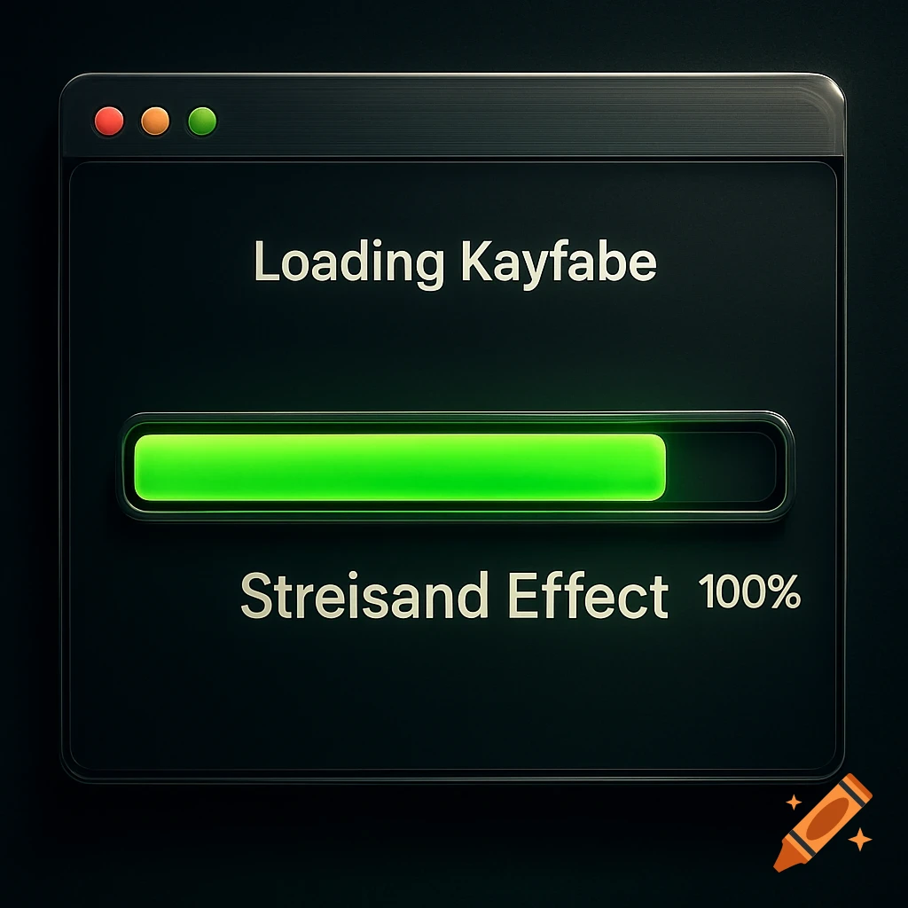 Dark computer window with green 100% loading bar labeled 'Streisand Effect'. Window titled 'Loading Kayfabe'.