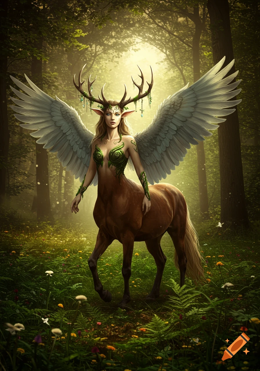 A female centaur with large antlers and bird wings stands in a lush, sunlit forest.