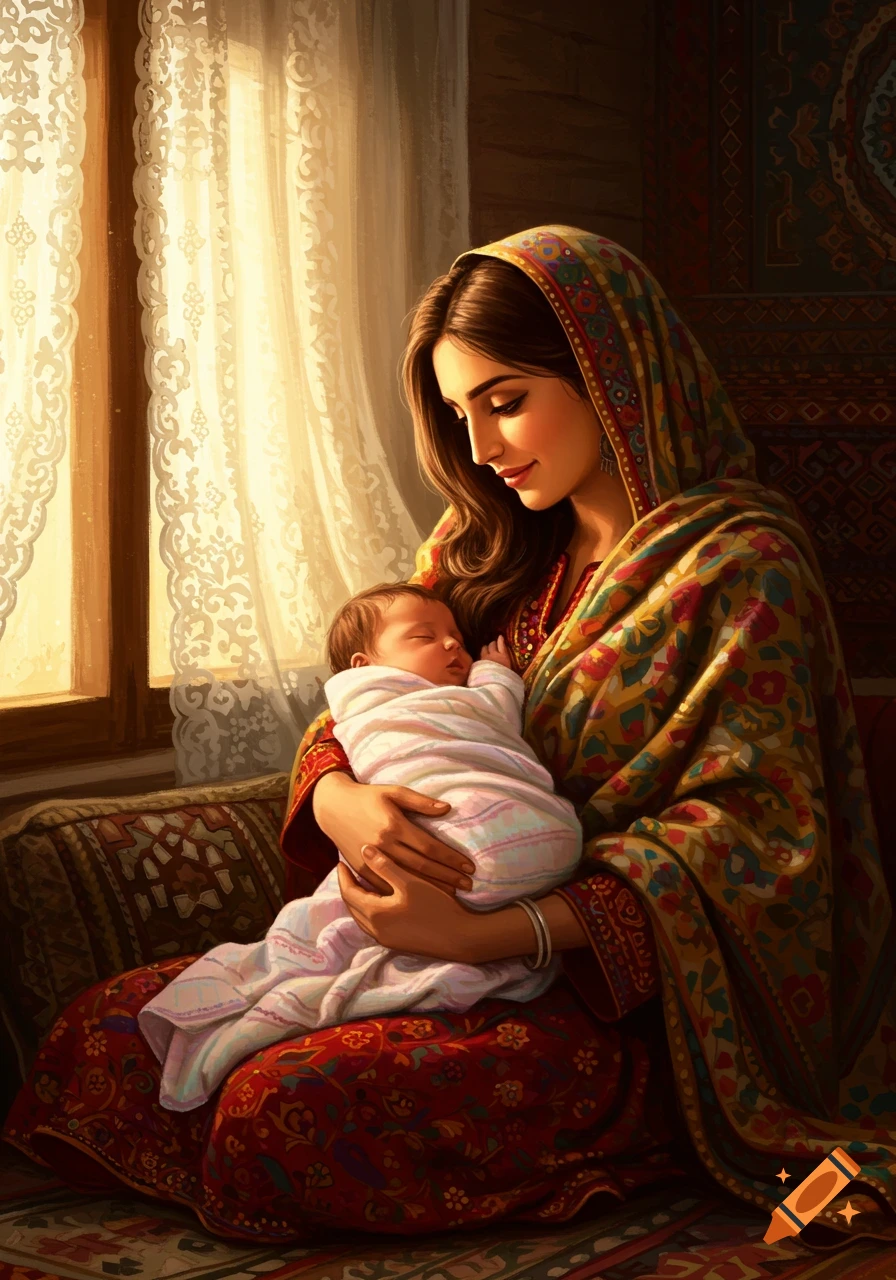 A painting of a woman in traditional patterned clothing gently holding a sleeping newborn baby in a warm room by a window.