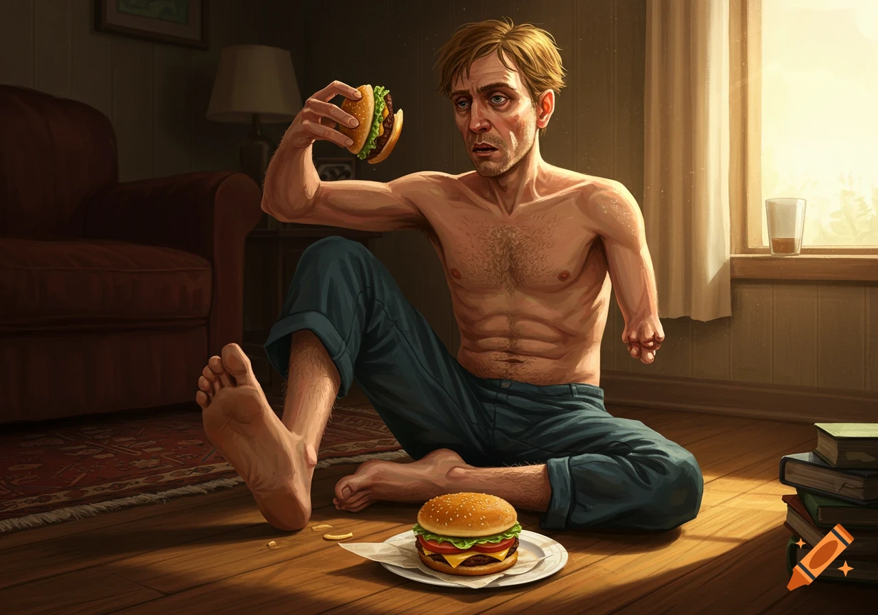 A gaunt, shirtless man with missing forearms sits on a wooden floor, holding a bitten burger. Another burger is on a plate nearby.
