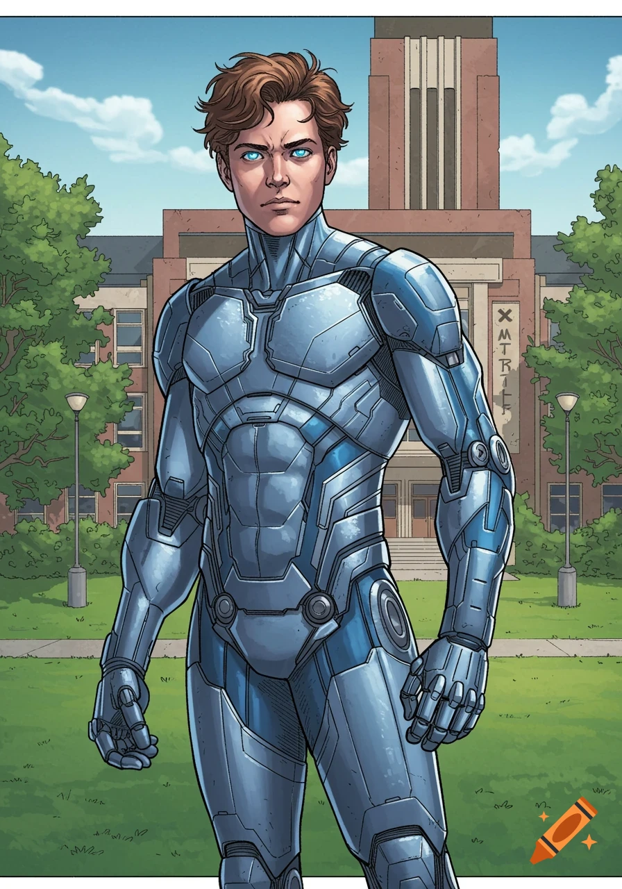 A brown-haired male in a blue and silver robotic suit stands in front of a university building on a sunny day, in comic book style.