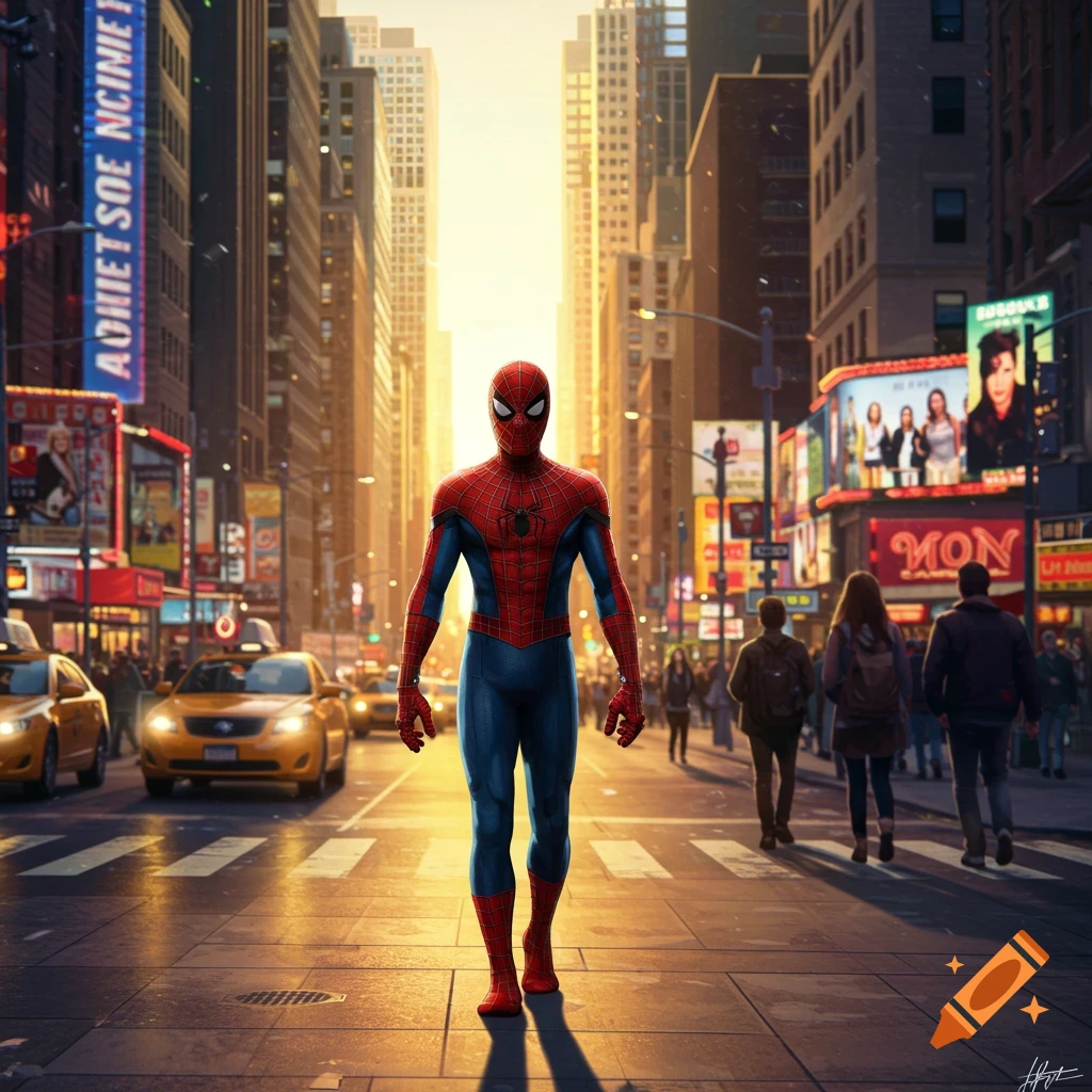 Spider-Man walks confidently down a busy city street at sunset, with tall buildings and yellow taxis surrounding him.