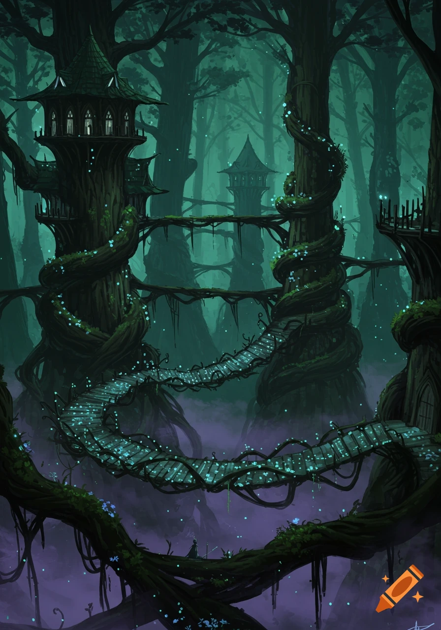 A mystical dark forest with bioluminescent paths winding through large trees and elven-like tree houses.