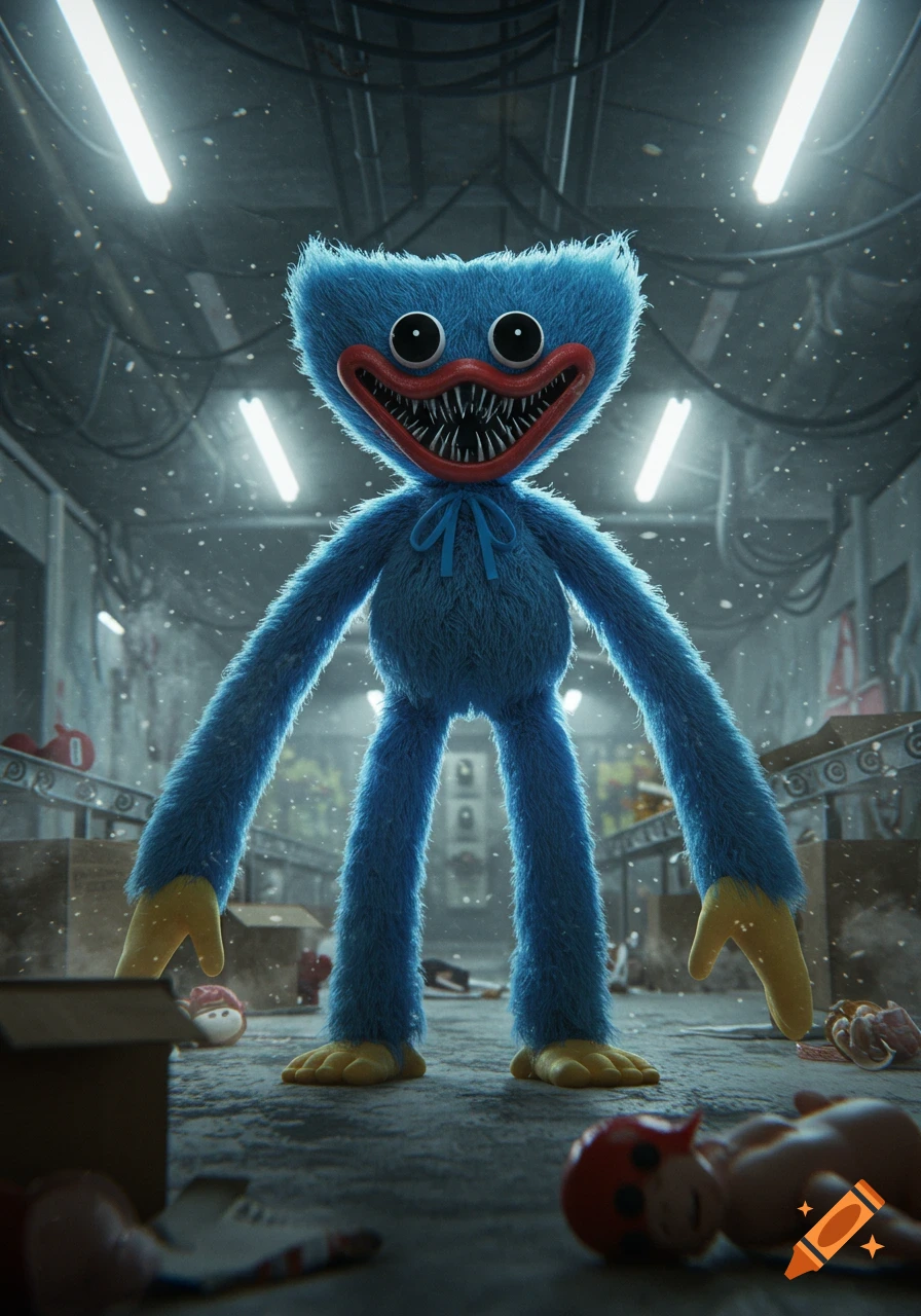 Photorealistic image of Huggy Wuggy, a blue furry monster with sharp teeth, standing in a dark, dusty factory.