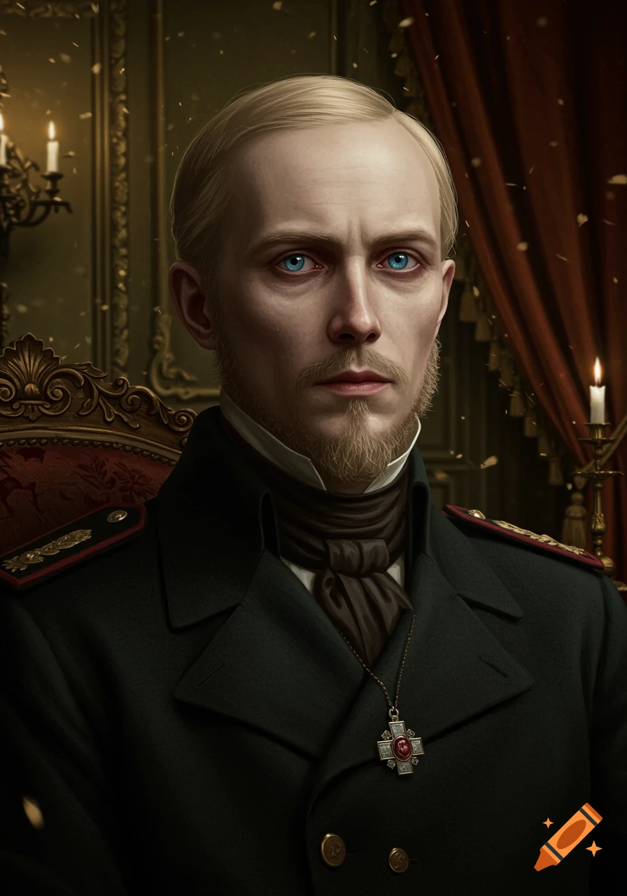 A photorealistic portrait of a 19th-century Russian man with blond hair, striking blue eyes, and a goatee, in a dark uniform.