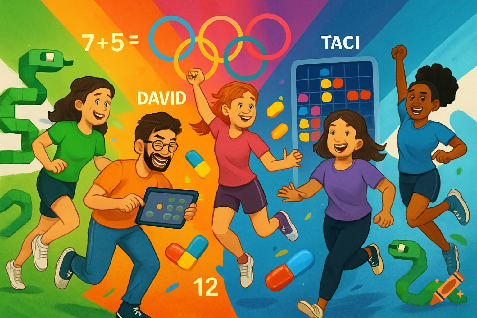 Five joyful people, three women and two men, run and jump amidst Olympic rings and game elements like a blocky snake, colorful pills, and a math problem, in a vibrant, playful illustration style.
