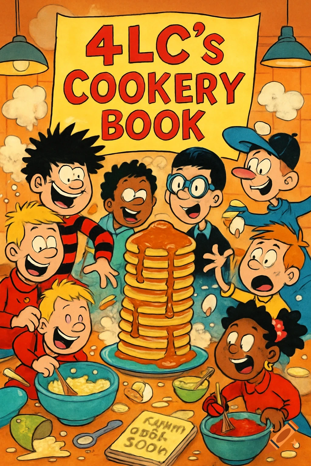 Cartoon of several diverse children excitedly gathered around a giant stack of pancakes in a kitchen, with some mixing batter and ingredients spilled on the counter.