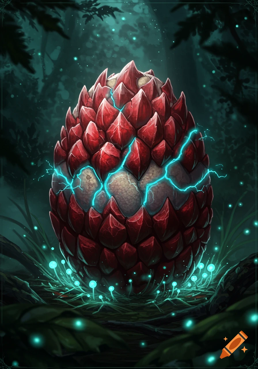 A mystical red, spiky fantasy egg glows with blue energy in a dark forest surrounded by luminescent mushrooms, digital painting style.