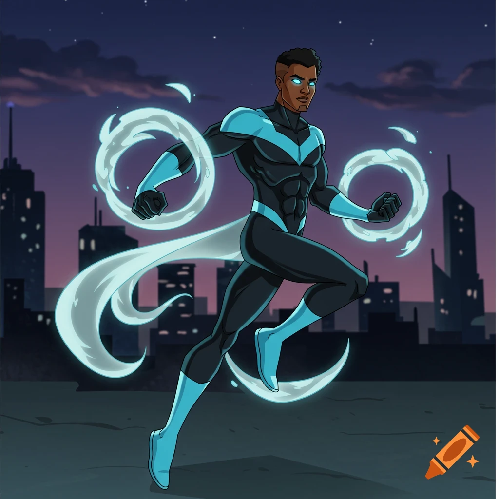 An African American superhero in a black and blue suit with glowing eyes runs through a city at night, controlling swirling light blue air.