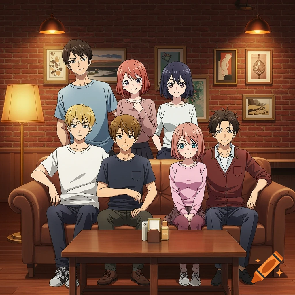 Anime illustration of seven young adults, four men and three women, posing together in a cozy living room with a brick wall.