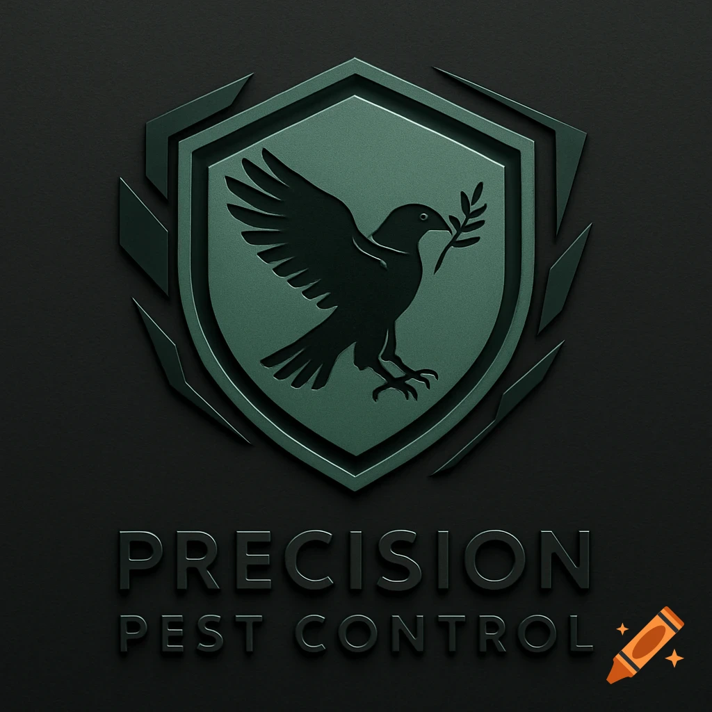 A dark green shield emblem featuring a black bird with a branch, with the words "PRECISION PEST CONTROL" below it.