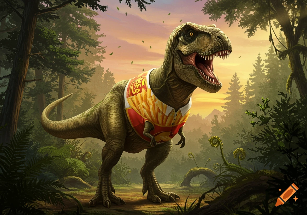 A Tyrannosaurus Rex wearing a French fries container as a shirt stands in a lush prehistoric forest at sunset.