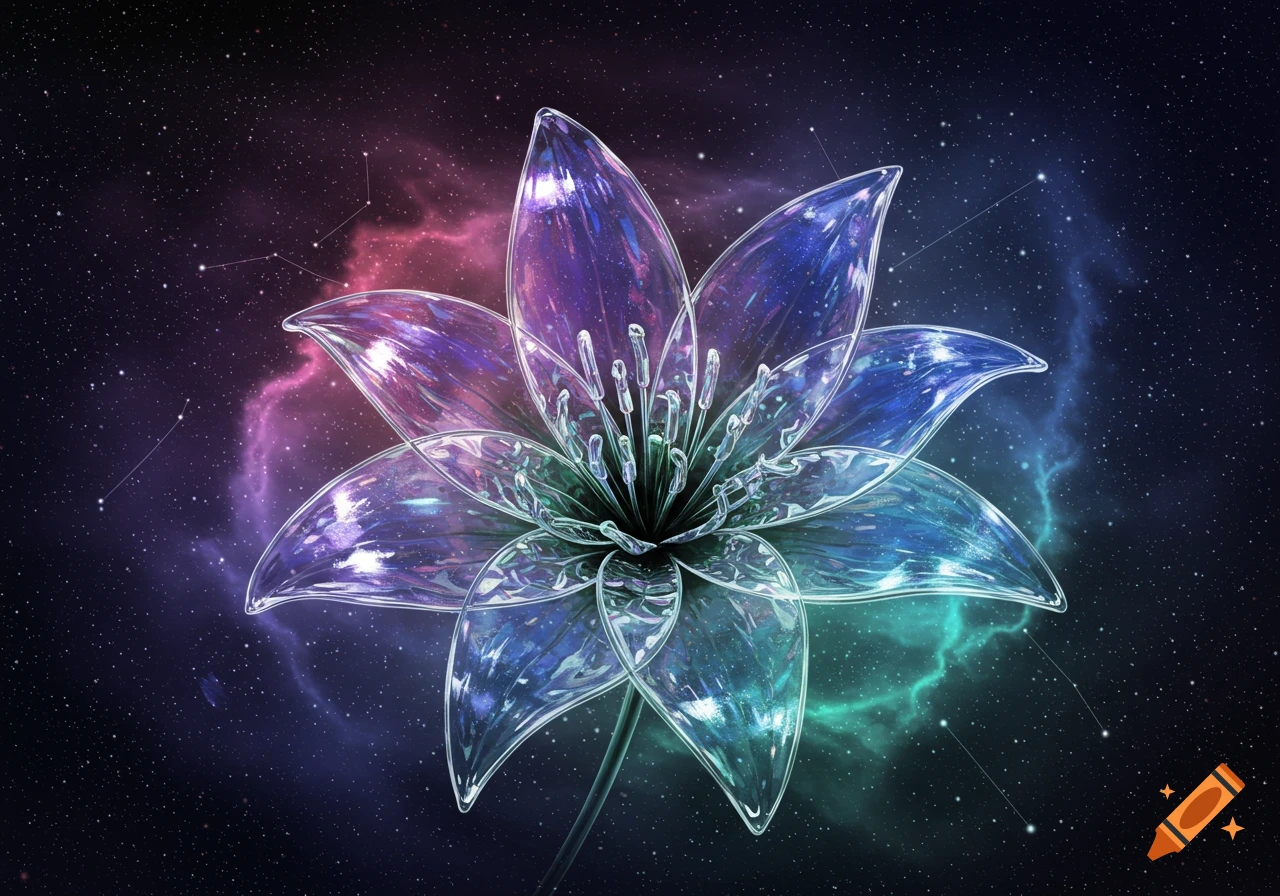 A glowing, translucent lily-like flower with purple, blue, and green hues set against a vibrant galaxy background with stars.