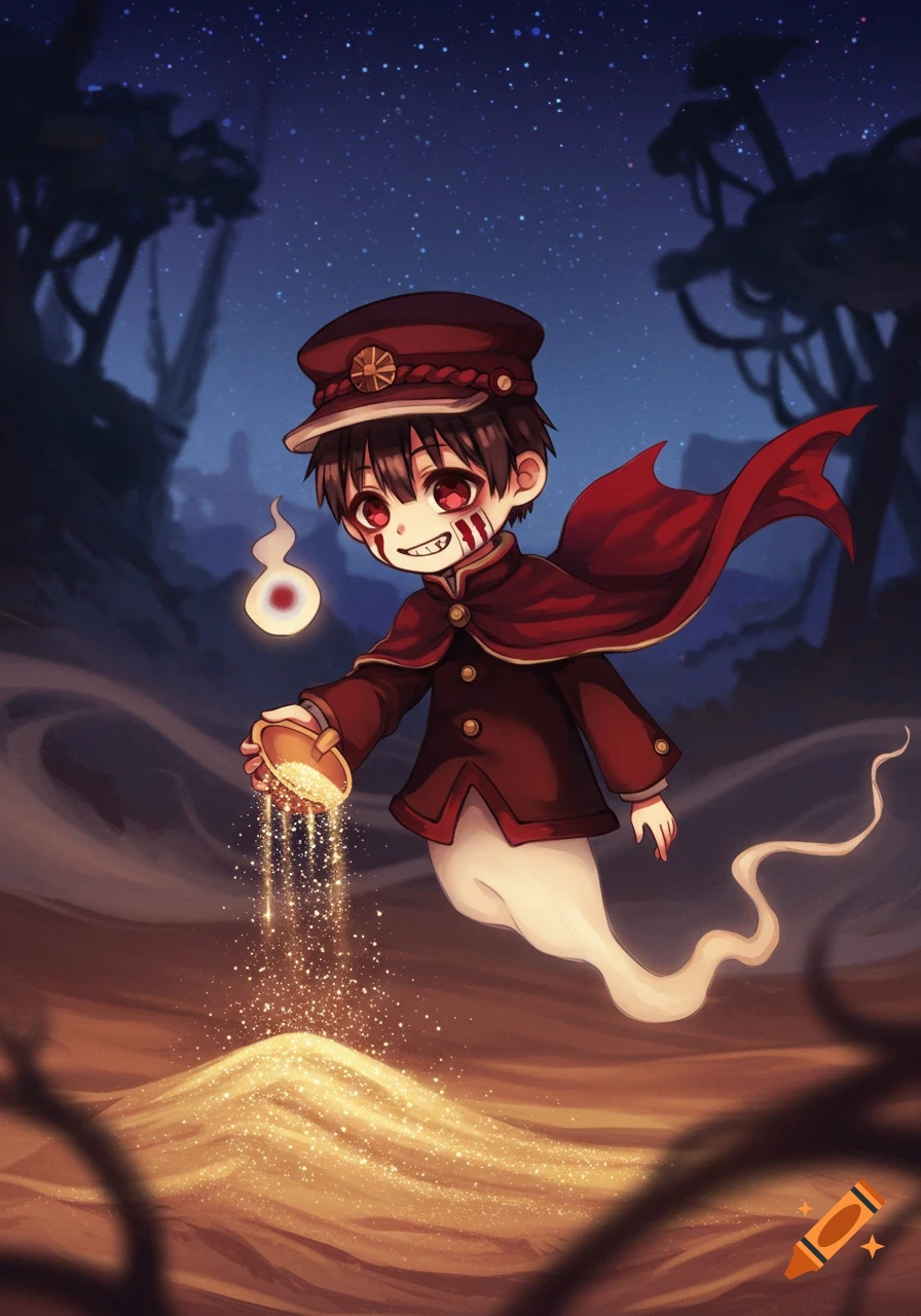 A cute chibi ghost character wearing a red uniform and cap pours sparkling gold sand onto a mound in a dark, starry landscape.