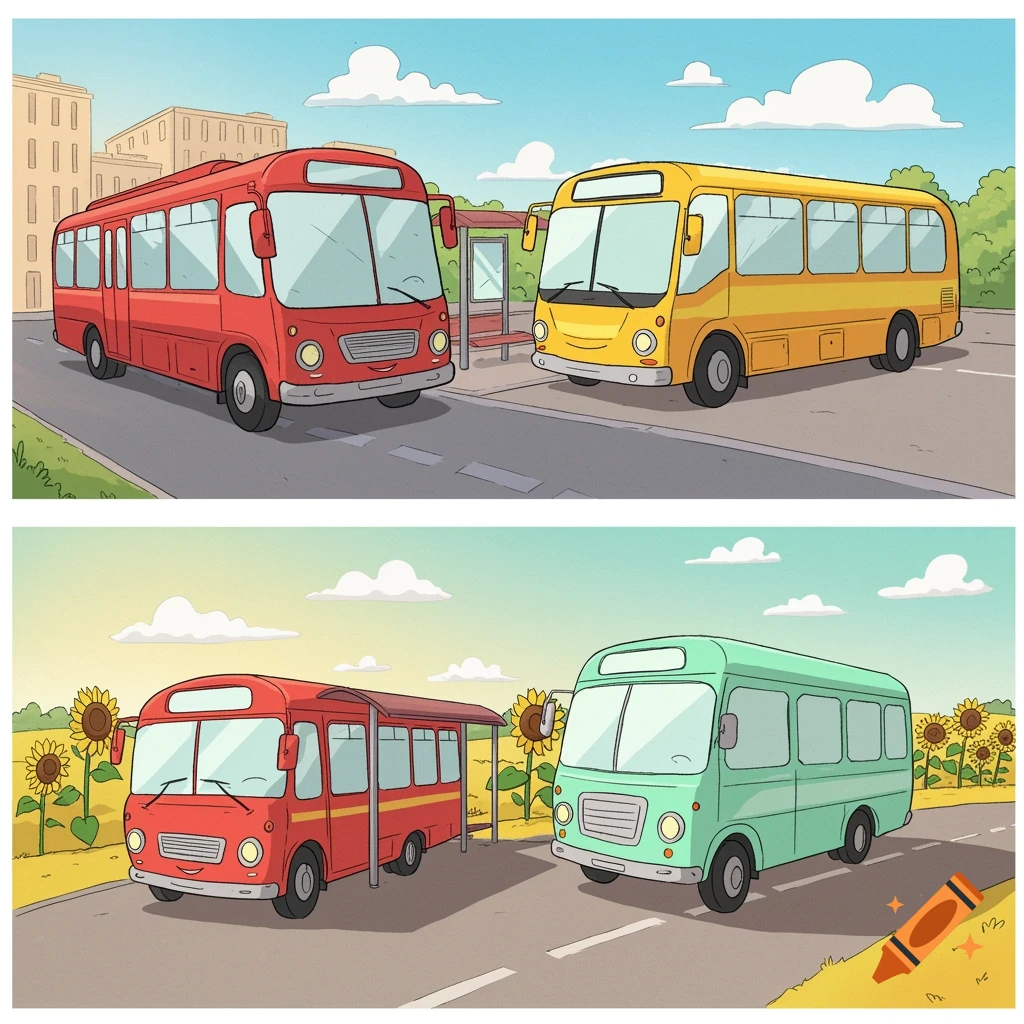 Two cartoon scenes. Top: red and yellow buses on a city road. Bottom: red and green buses on a country road with sunflowers.