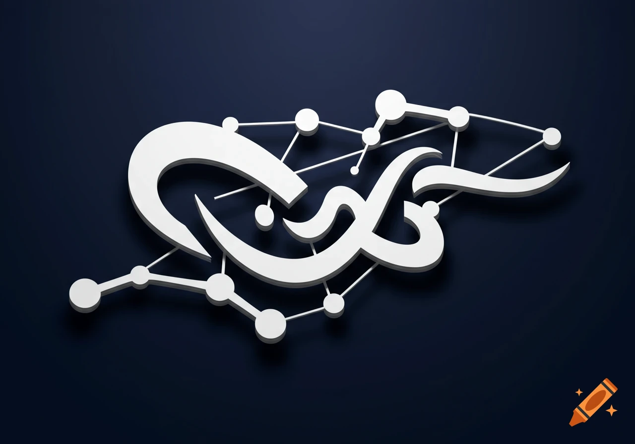 A 3D white graphic resembling stylized calligraphy and a network of connected dots on a dark navy background.