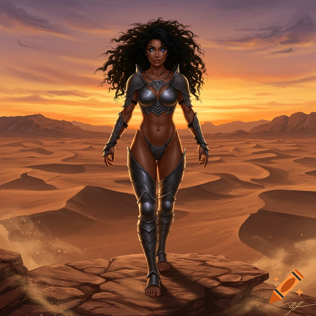 A dark-skinned warrior woman with long black curly hair and blue eyes, wearing silver armor, stands on a rocky outcrop in a desert at sunset.