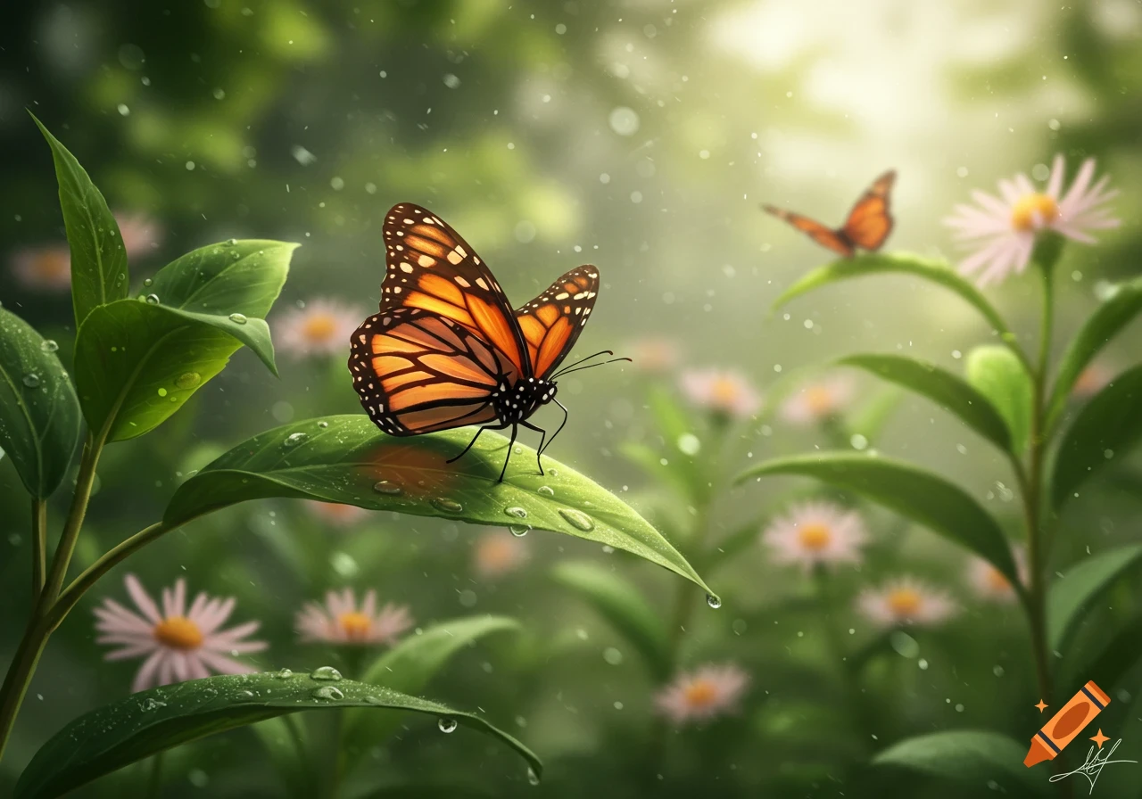 A monarch butterfly with orange and black wings rests on a green leaf covered in water droplets, with blurred flowers and another butterfly in the background.