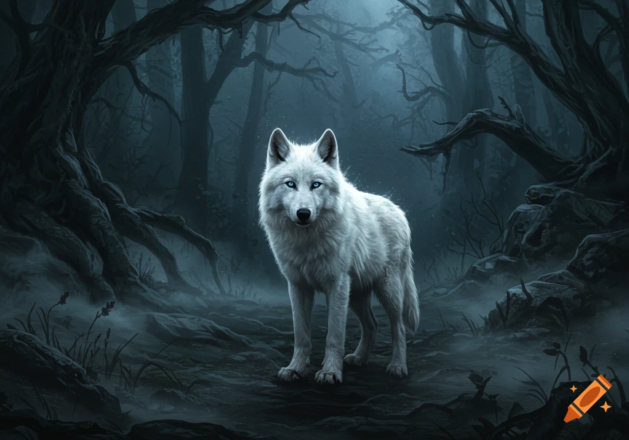 A white wolf with glowing blue eyes stands in a dark, misty forest. Digital painting.