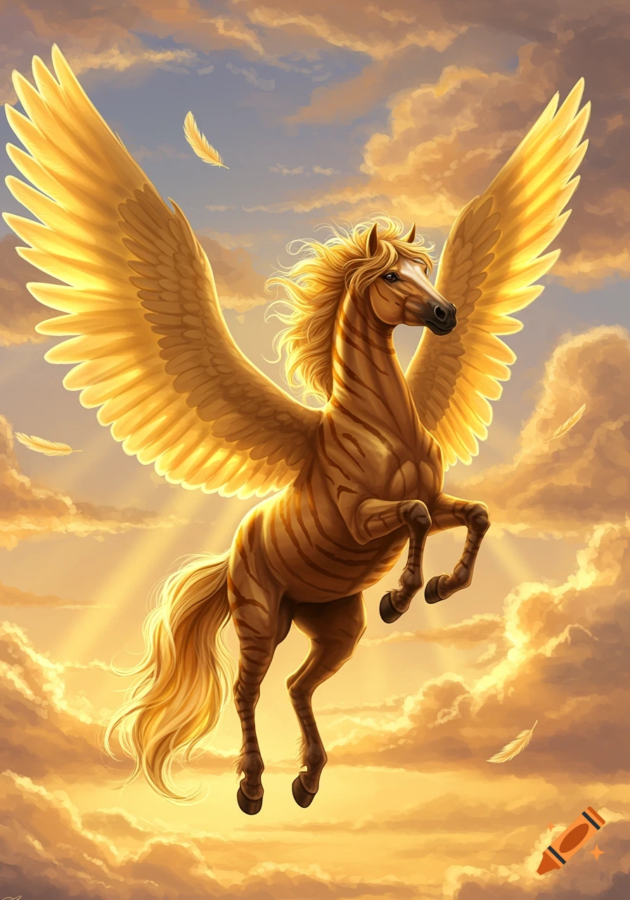 A majestic golden Pegasus with brown stripes soars through a bright, cloudy sky with sun rays.