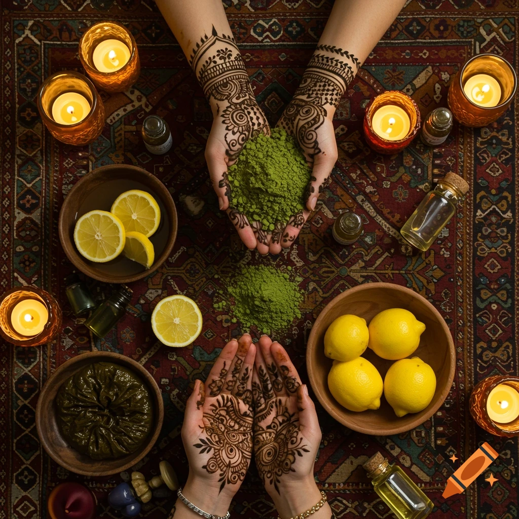 Top-down view of hands with intricate henna designs holding green henna powder on a patterned rug, surrounded by lemons, candles, and oil vials.