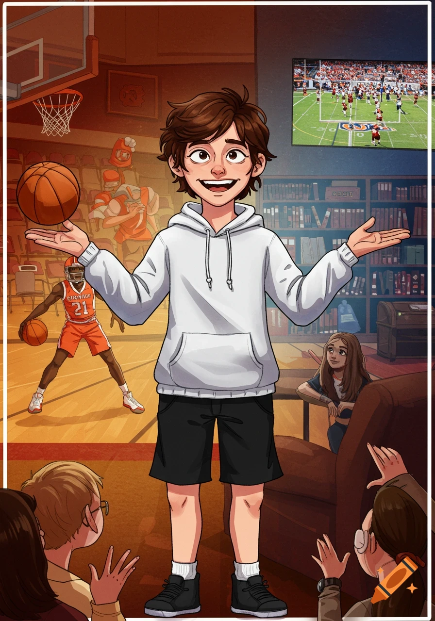 A cartoon illustration of a smiling boy in a white hoodie and black shorts, balancing a basketball. Behind him, a basketball court with a player and a living room with a bookshelf and a TV showing a football game. Other people are in the foreground.
