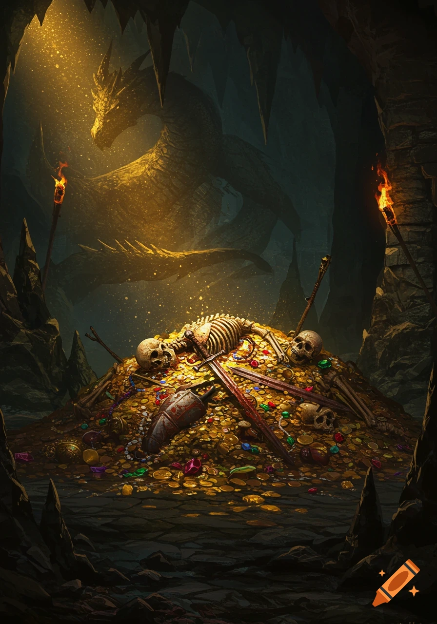 A large dragon guards a massive pile of gold and jewels, littered with human skeletons, in a dark, torch-lit cave.